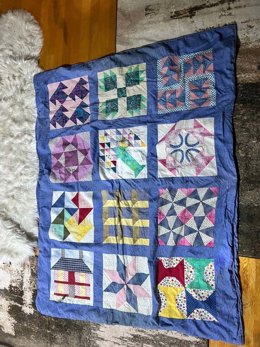 Handmade Patchwork Sampler Quilt 60x48 Blue Multicolor Geometric Blocks